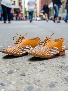 Studded Tan Faux Leather Oxford Shoes With Silver Spikes Lace-Up Design Statemen